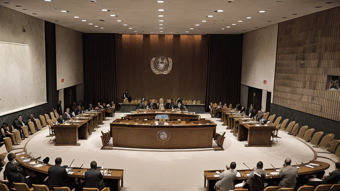 Cartoon style, United Nations Security Council in 1950, drawing with black lines and colored.
