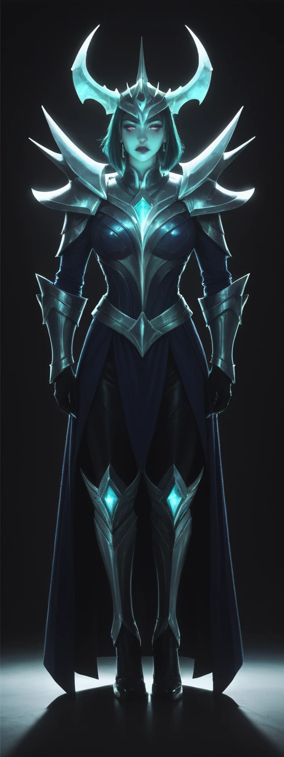 realistic, score_9, score_8_up, score_7_up, score_6_up,
1girl, solo, from front, full body, Mordekaiser \(league of legends\), black background, makeup, sidelighting, backlighting, glowing,
