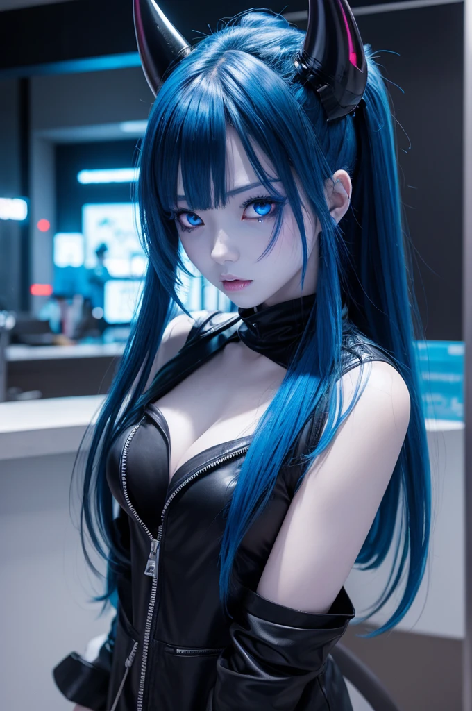 Urban anime style girl half demon with blue skin