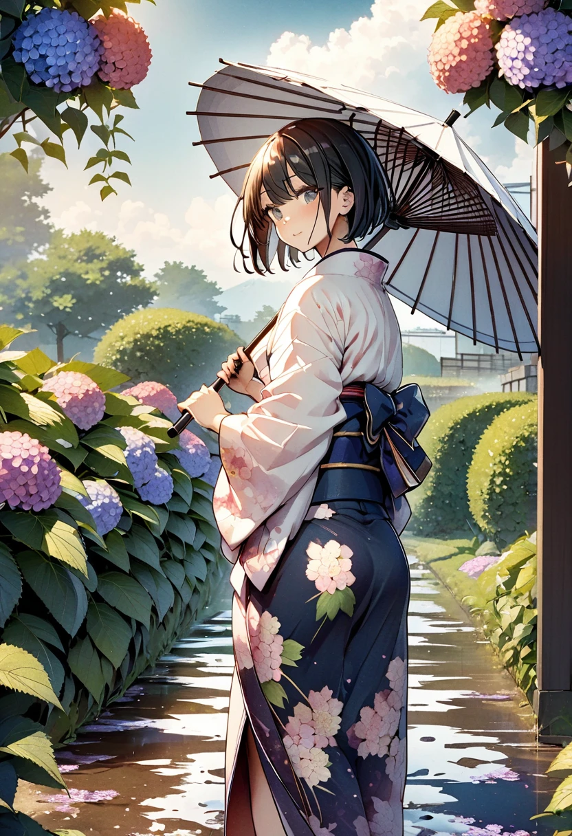 (One japanese woman:1.5), (Adult japanese women:1.5), (slender:1.3), Black Hair, Super short hair, Wearing a floral pattern yukata, Holding a white Japanese umbrella, Backshot, Look back at the camera, Hydrangea in the foreground, Looking at hydrangeas, Sky after rain, Puddle on the ground