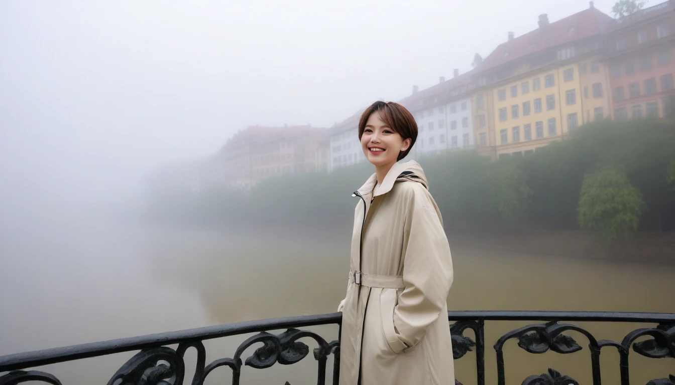 8K high quality, 1 woman, ((36 years old 건강한 한국 여성)), ((36 years old)), 1 woman, The eyes are big and beautiful. ((slim)), ((short medium hair)), laugh. pose: standing, High-end luxury windbreaker jacket, background: Your residence is a baroque townhouse with a plaster façade and wrought iron railings.... Overlooking the Heidelberg River, Germany, Morning fog,, looking slightly upward, 1 woman, Full body shot with Canon 16-34 wide angle lens, View: river view, look sideways, There is a thick fog in the river.