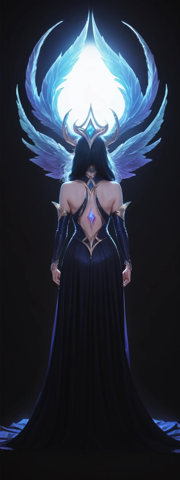 realistic, score_9, score_8_up, score_7_up, score_6_up, 
1girl, solo, from front, full body, Morgana \(league of legends\),  black background, makeup, sidelighting, backlighting, glowing,