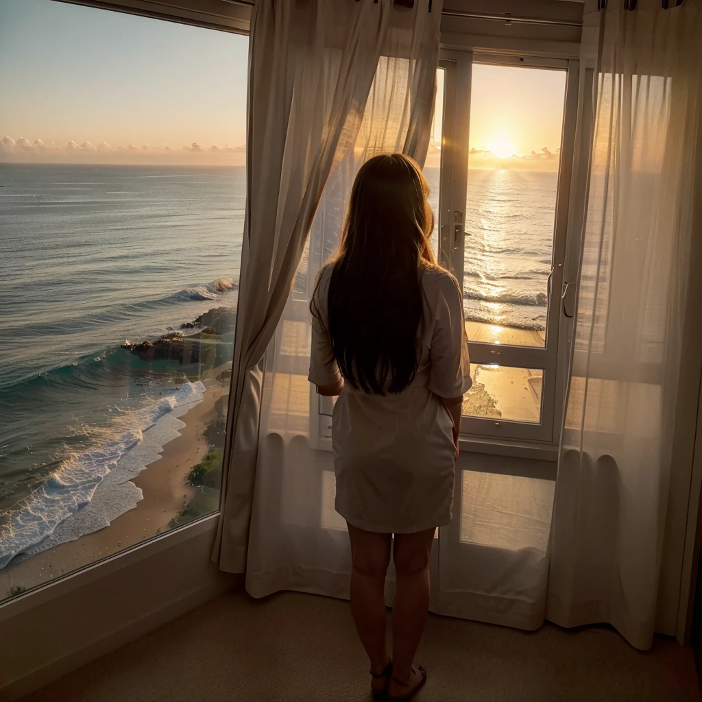 woman standing in her room in front of a window looking out at the ocean, fine art, looking out at a sunset, looking out over the sea, looking out at the ocean, looking off into the sunset, sunset view, beautful view, looking at sunset, gorgeous view, overlooking the ocean, looking out window.