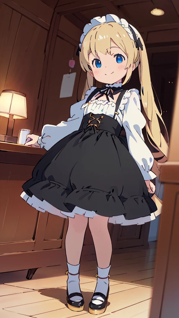 ((masterpiece))((Highest quality))girl、smile、blush、Flat Chest、Are thin、Blonde Hair、blush、Are standing、Whole body image、Eye level to the feet、front、No background、真frontのアングル、Black Gothic Lolita outfit full of frills、Twin tails、Angle where you can see inside the skirt、Fisheye Lens