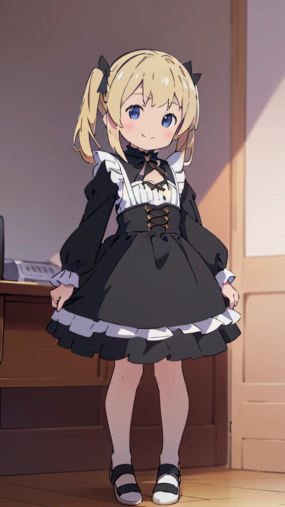 ((masterpiece))((Highest quality))girl、smile、blush、Flat Chest、Are thin、Blonde Hair、blush、Are standing、Whole body image、Eye level to the feet、front、No background、真frontのアングル、Black Gothic Lolita outfit full of frills、Twin tails、Angle where you can see inside the skirt、Fisheye Lens
