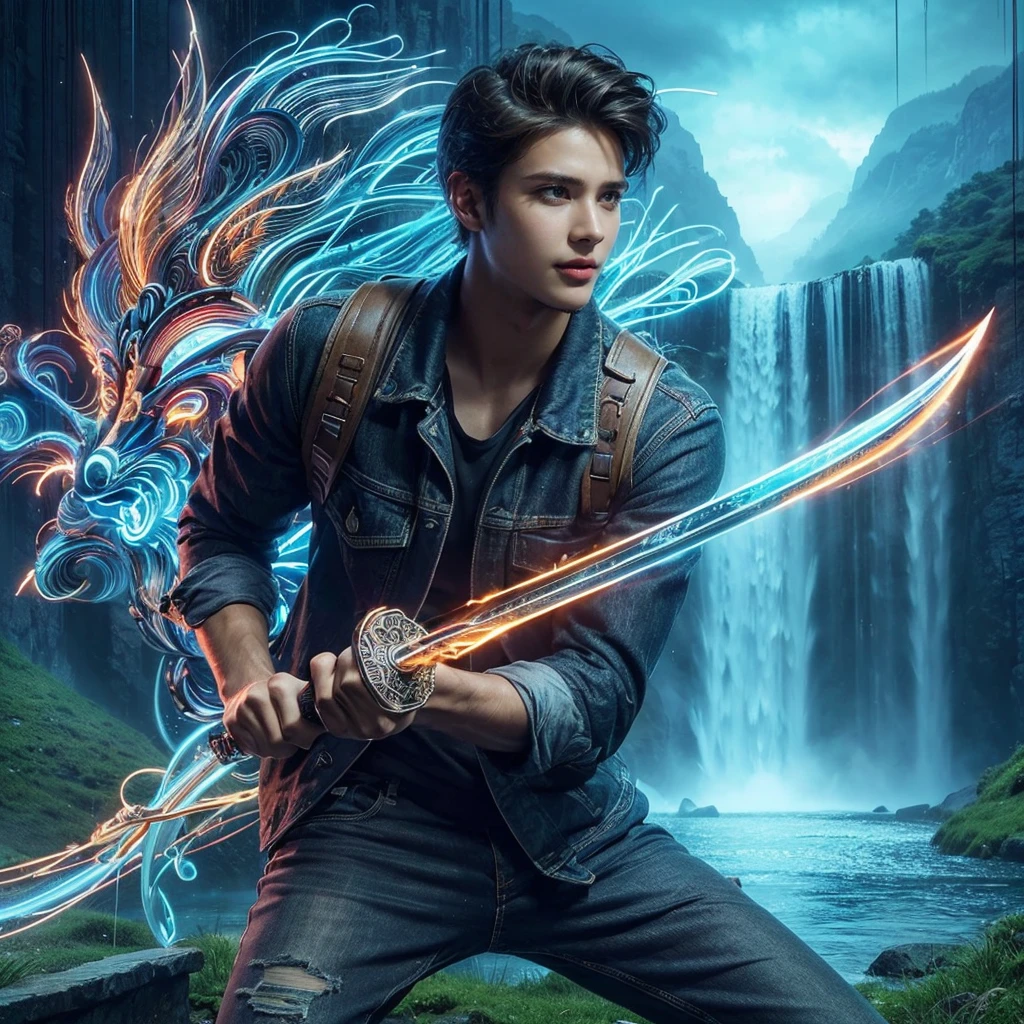 Professional photography masterpiece with 1 model: a confident, charming man in modern casual trendy attire, 25 years old, with a subtle smile, looking happy, holding a long sword with intricate tribal neon glowing, posing to attack an opponent forward, against a breathtaking waterfall backdrop with added mist, resembling a Sony 7000D photo, in high definition with dramatic lighting and added dramatic color effects.