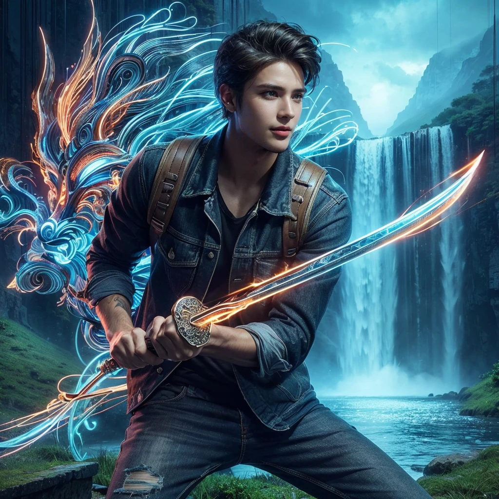 Professional photography masterpiece with 1 model: a confident, charming man in modern casual trendy attire, 25 years old, with a subtle smile, looking happy, holding a long sword with intricate tribal neon glowing, posing to attack an opponent forward, against a breathtaking waterfall backdrop with added mist, resembling a Sony 7000D photo, in high definition with dramatic lighting and added dramatic color effects.