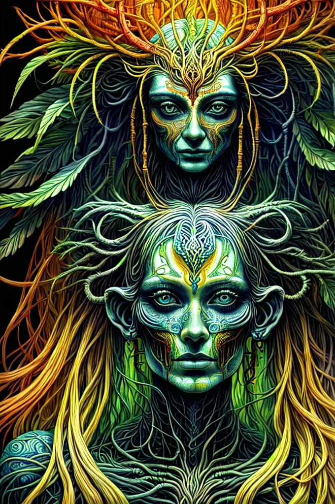 woman in a mythical forest, work of art, face perfect, details Intricate, horror theme not style by xk3mt1ks, colorfully, on black background 