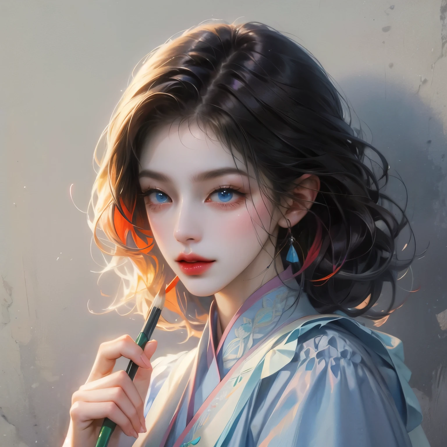The painting shows a woman with blue eyes,Holding a flower in hand, Colored pencil sketch, Colored pencil sketch, Colored pencil sketch, Colored pencil sketch, Painting, Draw with colored pencils, Painting, Painting, Color Sketch, Colored pencil sketch, Colored pencil sketch, 详细的彩色portrait, colored pencil illustration, 高品质Color Sketch, portrait