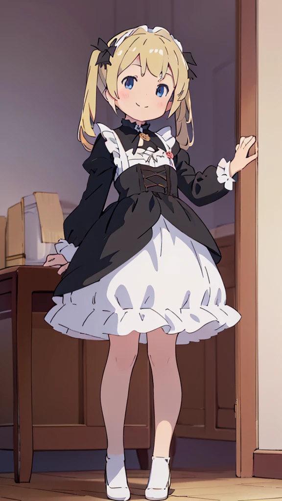 ((masterpiece))((Highest quality))girl、smile、blush、Flat Chest、Are thin、Blonde Hair、blush、Are standing、Whole body image、Eye level to the feet、front、No background、真frontのアングル、Black Gothic Lolita outfit full of frills、Twin tails、Angle where you can see inside the skirt、Fisheye Lens