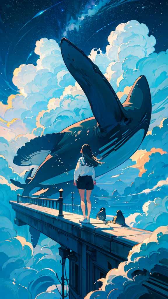 masterpiece, Exquisite detail,Highest quality, One girl, alone, handrail, cloud, Looking up at the buildings,Long Hair, NULL, Long sleeve, Power lines, White footwear, Black Hair, View your viewers, Electric pole, bangs, cloudy NULL, fish, bird, Green Eyes, Shorts, Day, Black Shirt, barefoot,Whale flying in the sky,Giant whale,night,Star,milky way,night,Pitch black,Buildings,Sitting, High quality anime art style，Standing painting，Splash ink background，Blue Themes,Clear Face,Distinct facial features,Clear eyes and nose,beautiful,