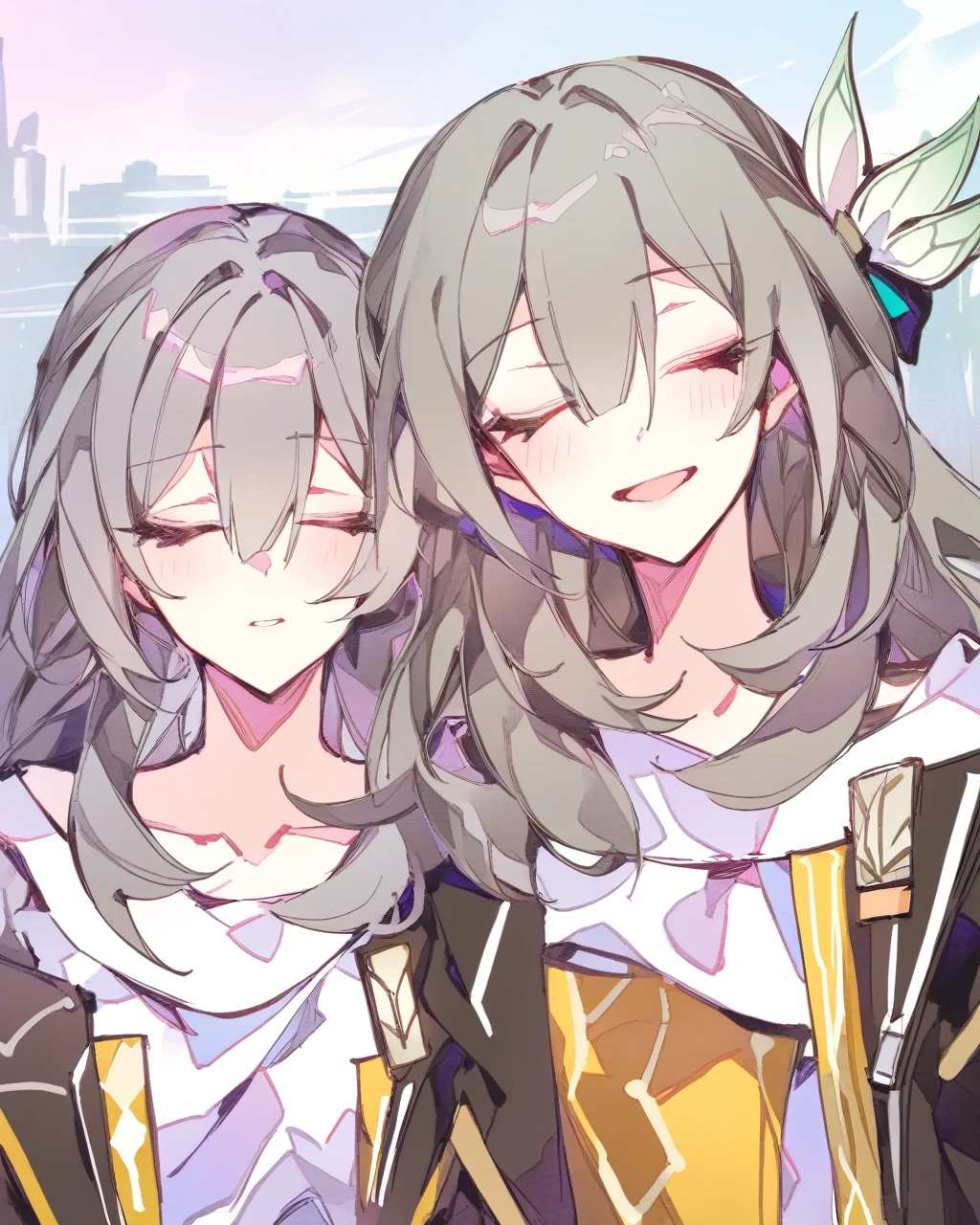 masterpiece,best quality,2girls, multiple girls, cocoballking, outdoors, upper body, grey hair, long hair, shirt, absurdres, closed eyes, commentary, firefly \(honkai: star rail\), grey eyes, head tilt, highres, honkai: star rail, honkai \(series\), stelle \(honkai: star rail\), trailblazer \(honkai: star rail\), white shirt, yuri