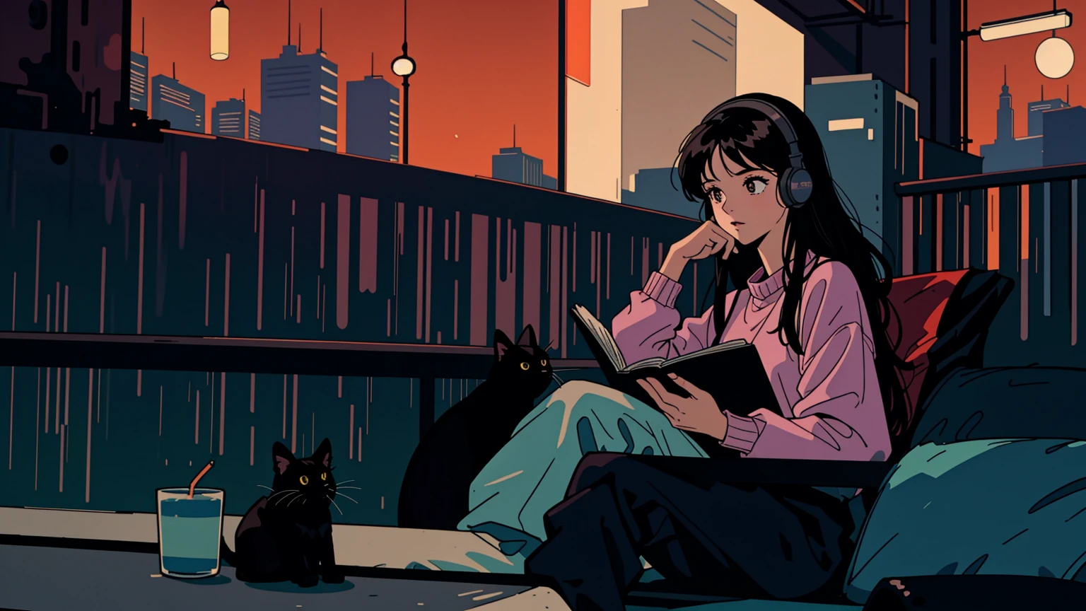 best quality, 8k, 1990s style,2010s hairstyles, 21 year old girl, black hair, long hair, light brown eyes, city pop, pants ,night view, wearing headphones,reading a book, whole body, relax coffee,table,confection,Looking at me, Black cat