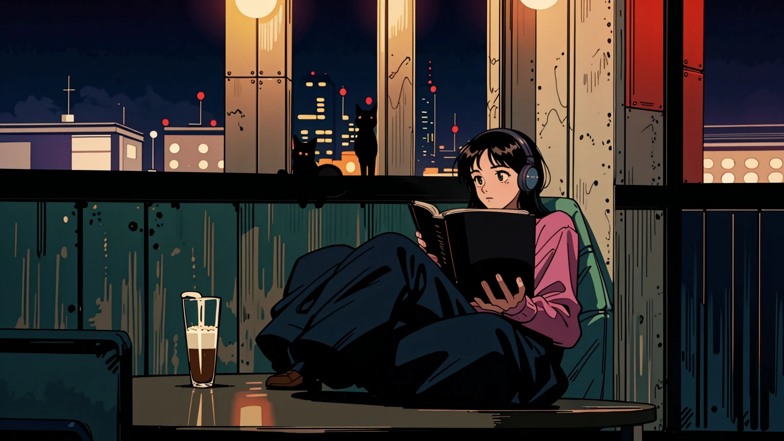 best quality, 8k, 1990s style,2010s hairstyles, 21 year old girl, black hair, long hair, light brown eyes, city pop, pants ,night view, wearing headphones,reading a book, whole body,  relax coffee,table,confection,Looking at me, Black cat
