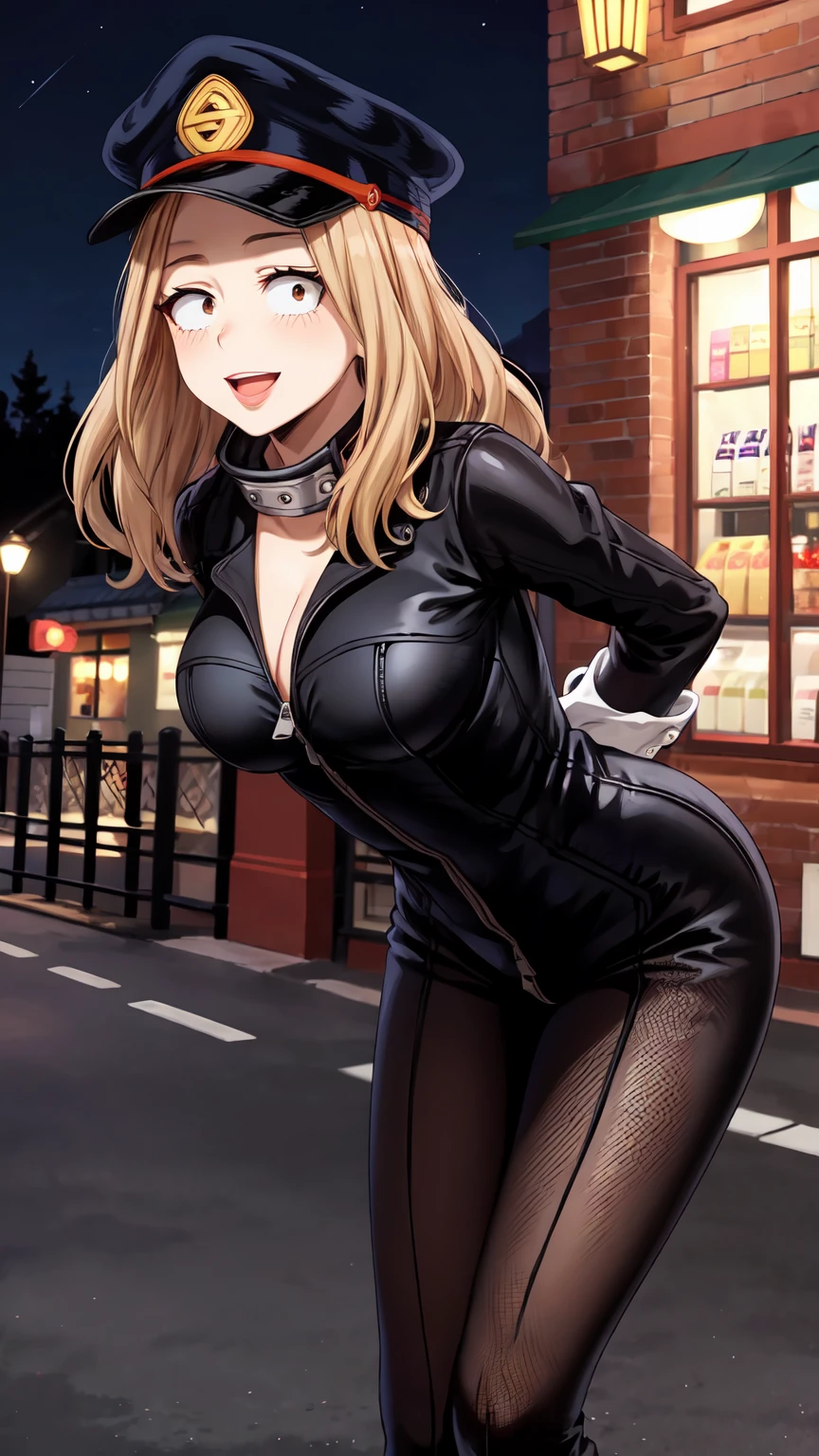 Masterpiece ,best quality , high resolution , (face view , look at view , (pov front view) , (pov from front)) , (1 girl solo:1.38) , (camie, long hair, brown hair, brown eyes, peaked cap , lipstick , eyeliner)) , (slim , tall , slender , thin) , (cleavage:1.05) , (big breast:1.06) , (wear black bodysuit , fishnet_stockings , zipper ) , (arms behind back , hand behind back) , (leaning forward:1.35) , ( outdoor , night , lamp , moonlight , road , on street , in front of shop ) , (open mouth , smile , full face blush , shy ) , (standing , thighs ) , (cowboy_shot)