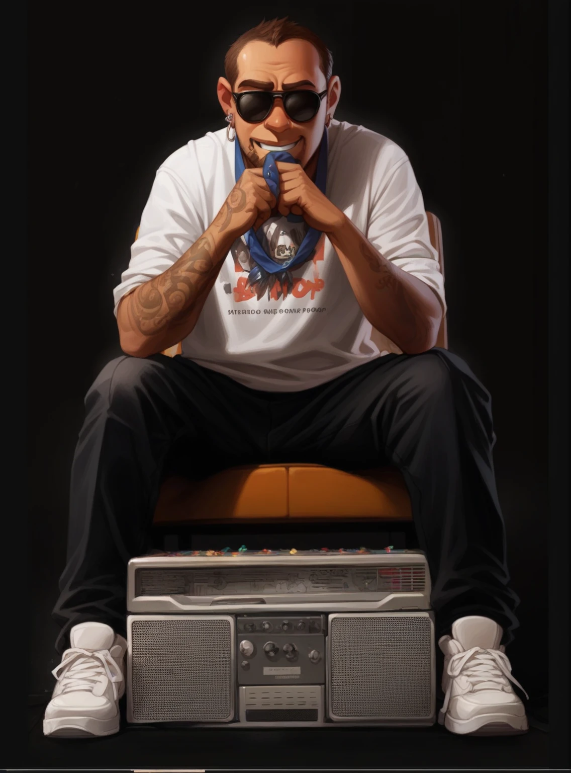 45-year-old black rapper in pixar style, in the background several lights