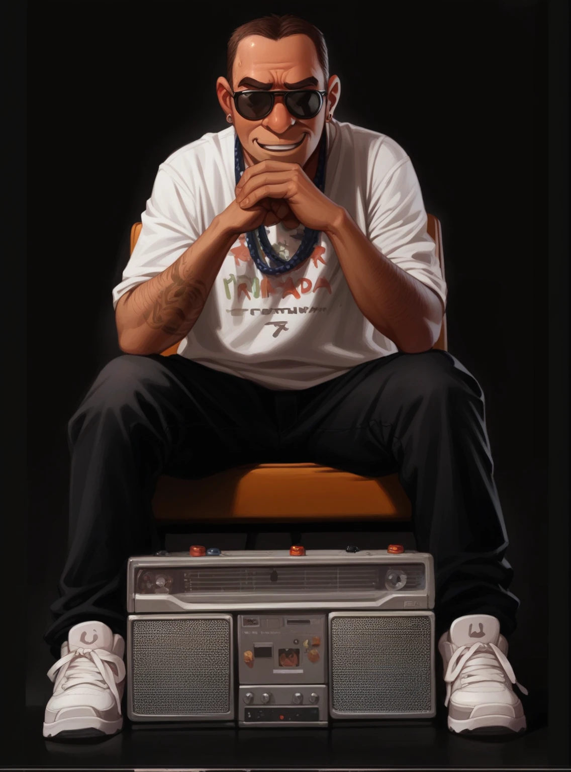 45-year-old black rapper in pixar style, in the background several lights