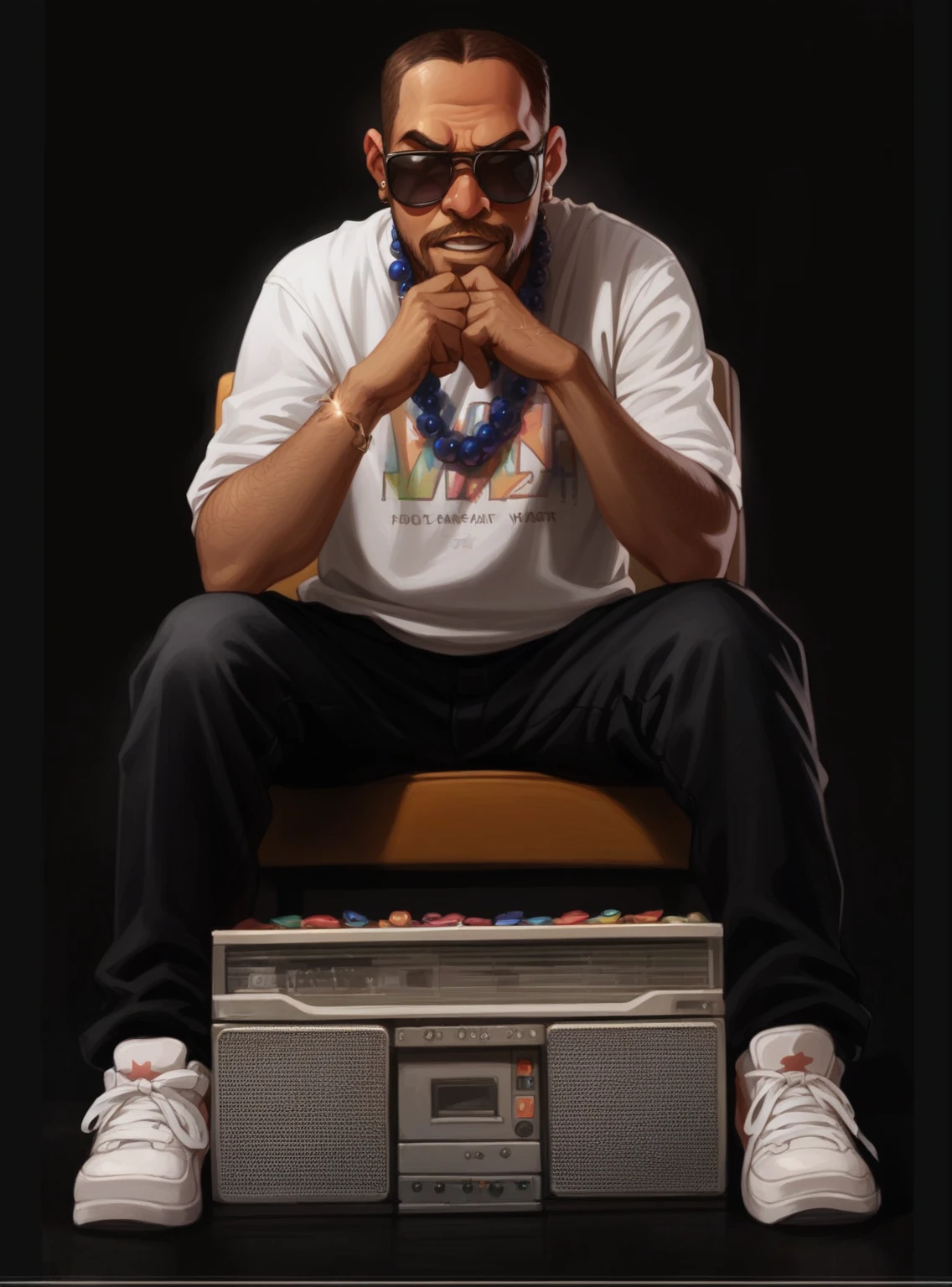 45-year-old black rapper in pixar style, in the background several lights
