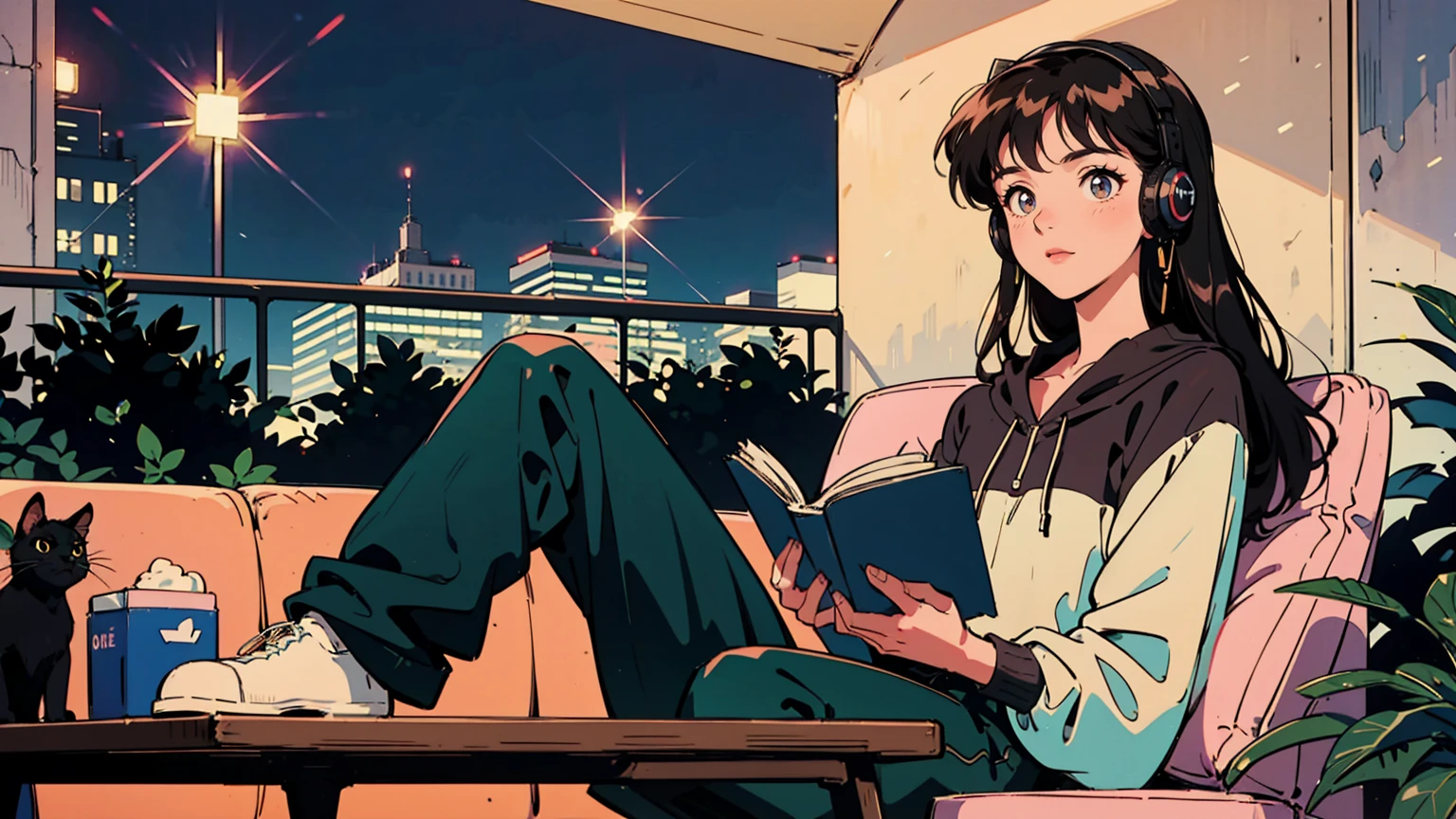 best quality, 8k, 1990s style,2010s hairstyles, 21 year old girl, black hair, long hair, light brown eyes, city pop, pants ,night view, wearing headphones,reading a book, whole body, relax coffee,table,confection,Looking at me, Black cat