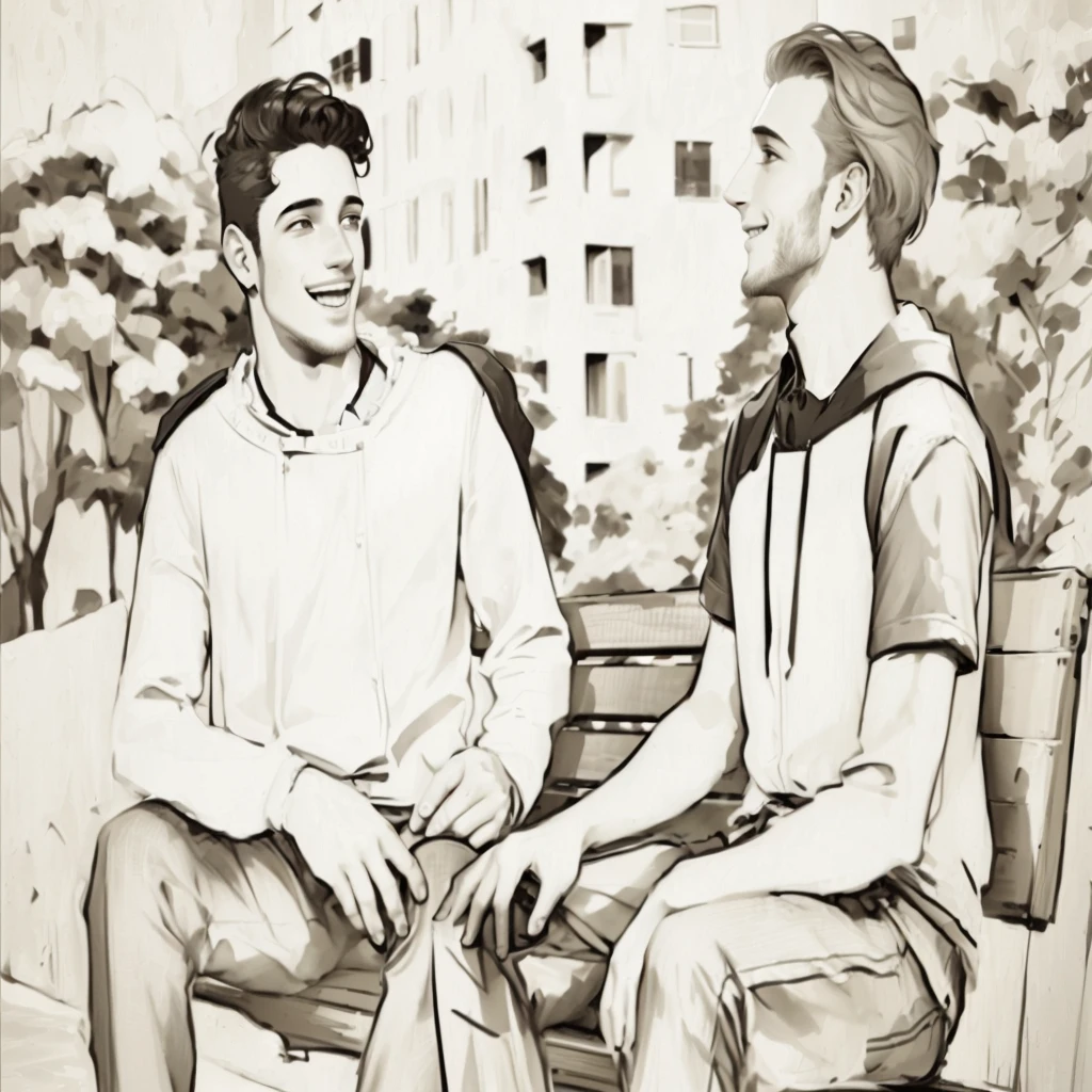 there are two men sitting on a bench talking to each other, animation still, two buddies sitting in a room, petros and leonid, drawn with photoshop, high quality portrait, two young men, edmund blair and charlie bowater, illustration!, animated still, digital drawing, smiling at each other, photo portrait, promo art, looking at each other mindlessly