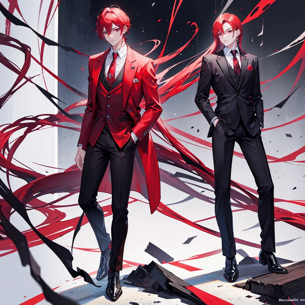 (masterpiece), best quality, seductive eyes, perfect face, handsome man, dark red eyes, side part red hair, long nose, business red suit, red necktie, red innershirt, extremely tall man, long legs, long calves, full body, tall man, long legs, anime cover, 1boy, ear piercings, facial piercings, hands in pockets, adult-like look, pretty but mature man