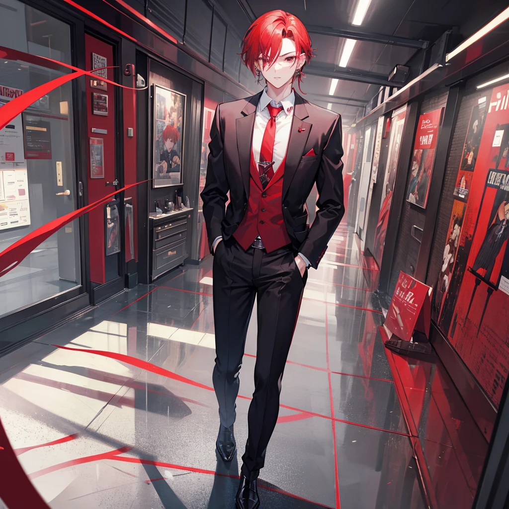 (masterpiece), best quality, seductive eyes, perfect face, handsome man, dark red eyes, side part red hair, long nose, business red suit, red necktie, red innershirt, extremely tall man, long legs, long calves, full body, tall man, long legs, anime cover, 1boy, ear piercings, facial piercings, hands in pockets, adult-like look, pretty but mature man