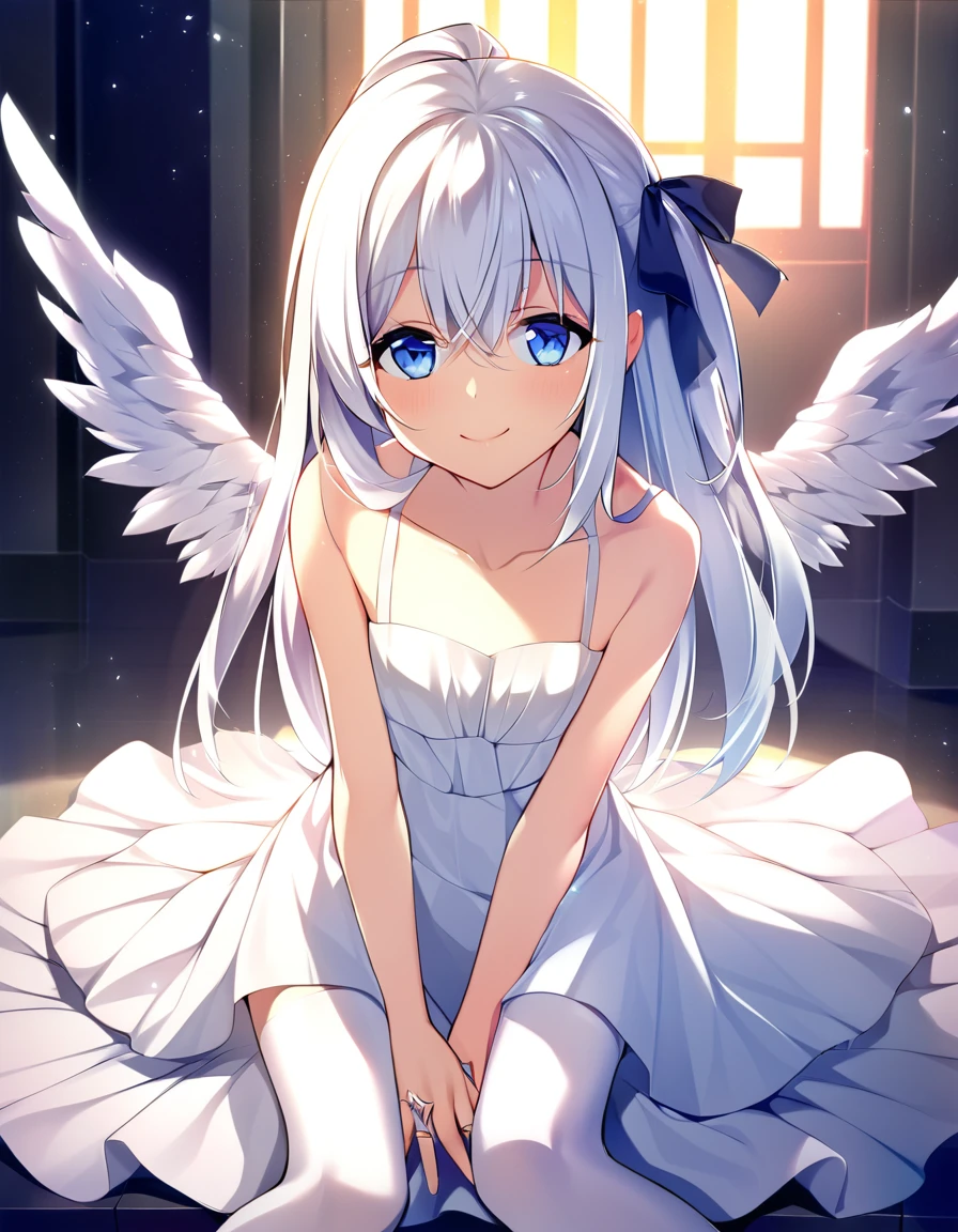 one girl, pure white angel, , white dress, sitting, light blue eyes, big angel wing, happily, blush, look at me