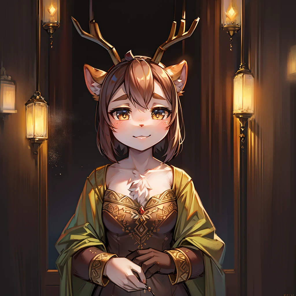Create an illustrated, hand-drawn, full-color image of an anthropomorphic reindeer women. The artwork should be rendered in the style of "Breath of the Wild," featuring warm lighting and shadows. Include graphite shading, stencil marks, and airbrushed acrylic paint effects. The image should be of the highest quality, a masterpiece with intricate details. The deer women should have a female, humanoid, furry appearance with grey skin. She should have luscious lips, a wide smile, and bright, expressive eyes, exuding beauty, cuteness, and adorableness. Ensure the image is high resolution and sharply detailed, with a detailed and vibrant background. Incorporate mystical lighting in the background, creating a romantic and enchanting atmosphere. ....Fold