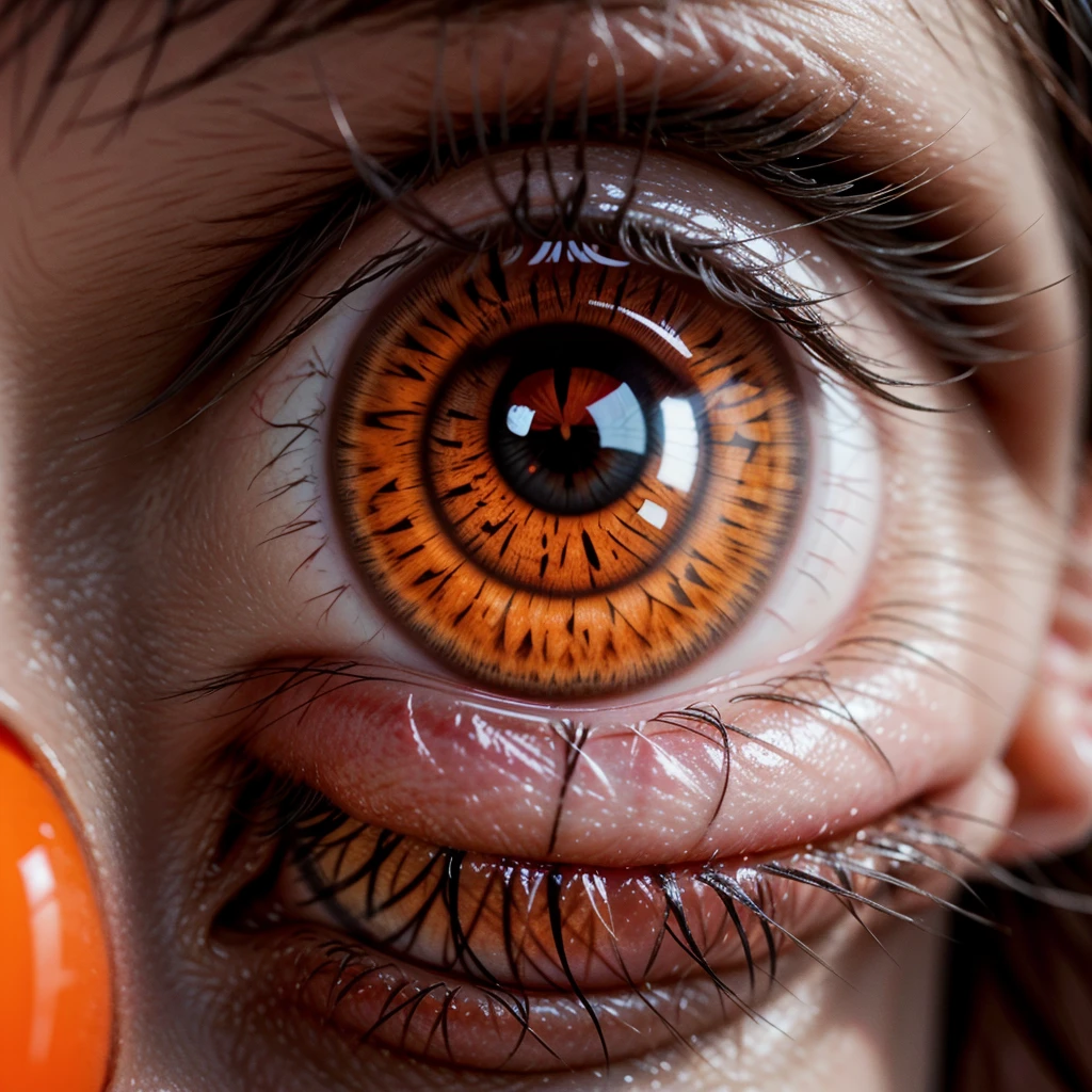 An orange eye with Japanese symbols on it and a focus only on the eye 8k