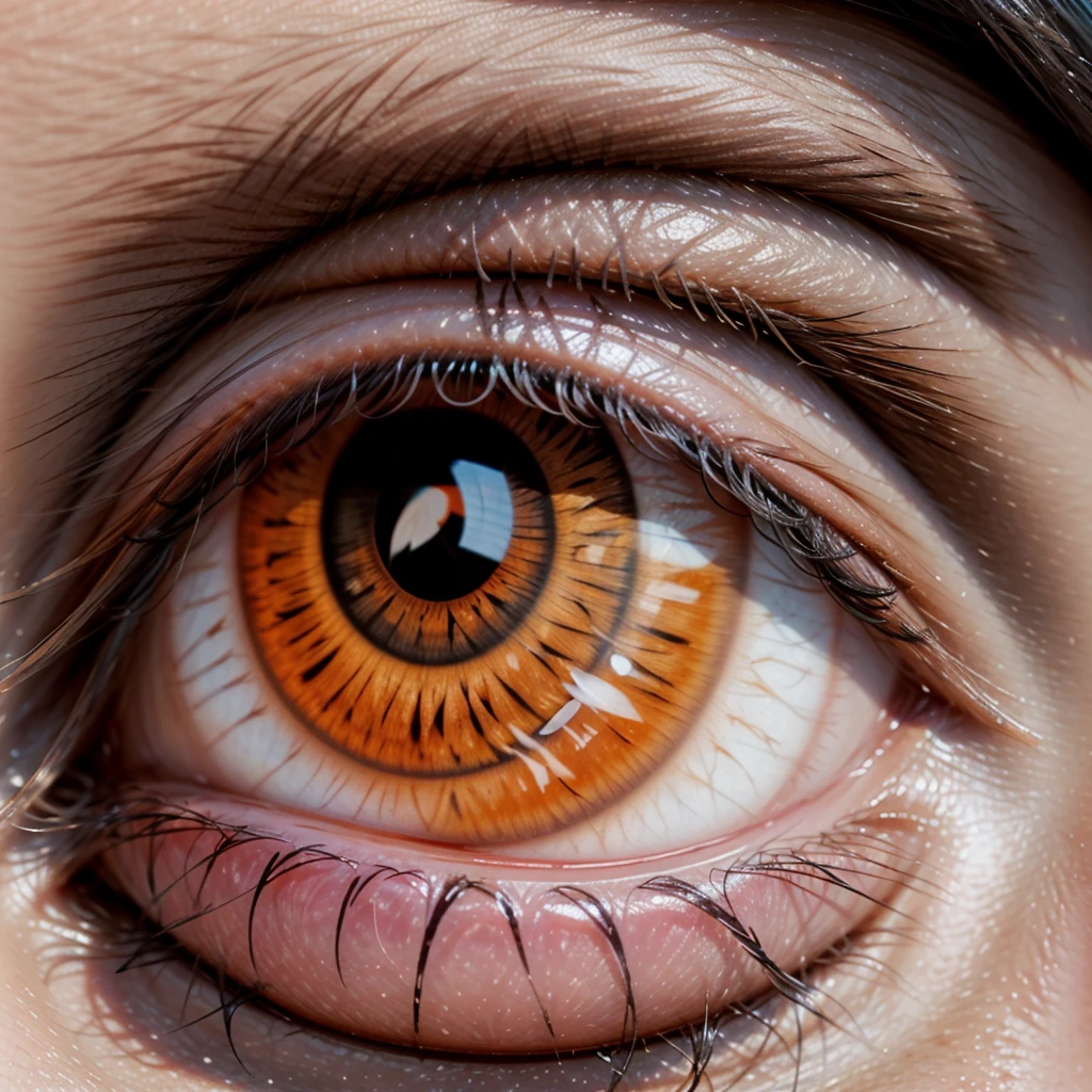 An orange eye with Japanese symbols on it and a focus only on the eye 8k