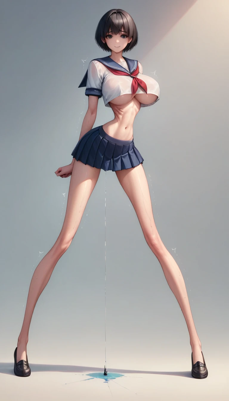 (masterpiece, best quality:1.2), Realistic photo, front shot, beautiful thin 1girl, (super big breasts, micro waist, very long legs:1.4), Black hair, short bob hair, (Extremely skinny), short height, Light Skin, cute big eyes, Small Mouth, cute beautiful thin face, forced smile, serafuku, mini skirt, Arched back, pigeon-toed, Embarrassing pose, Long and thin navel, (beautiful visible ribs), wet and sweaty, Trembling