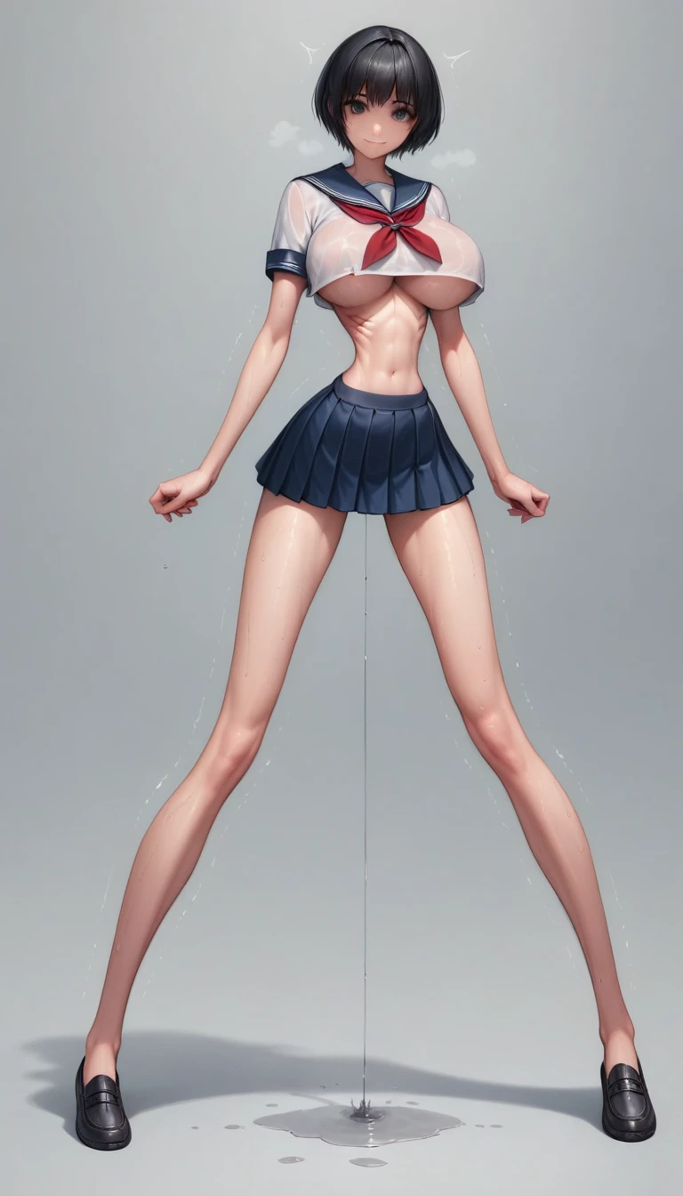 (masterpiece, best quality:1.2), Realistic photo, front shot, beautiful thin 1girl, (super big breasts, micro waist, very long legs:1.4), Black hair, short bob hair, (Extremely skinny), short height, Light Skin, cute big eyes, Small Mouth, cute beautiful thin face, forced smile, serafuku, mini skirt, Arched back, pigeon-toed, Embarrassing pose, Long and thin navel, (beautiful visible ribs), wet and sweaty, Trembling