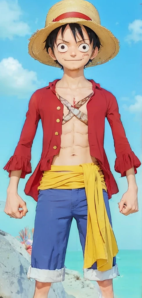 Monkey d. Luffy from one piece, A 19-year-old young man with short black hair, wearing a straw hat with a red ribbon. He is dressed in an open red jacket without buttons, revealing his muscular chest with a large X-shaped scar. Luffy is also wearing blue shorts and sandals. His hands are wrapped in bandages, and he is often seen with a wide smile and a confident posture. The background is a tropical island or ocean, reflecting his adventures as a pirate, realistic, cinematic, 