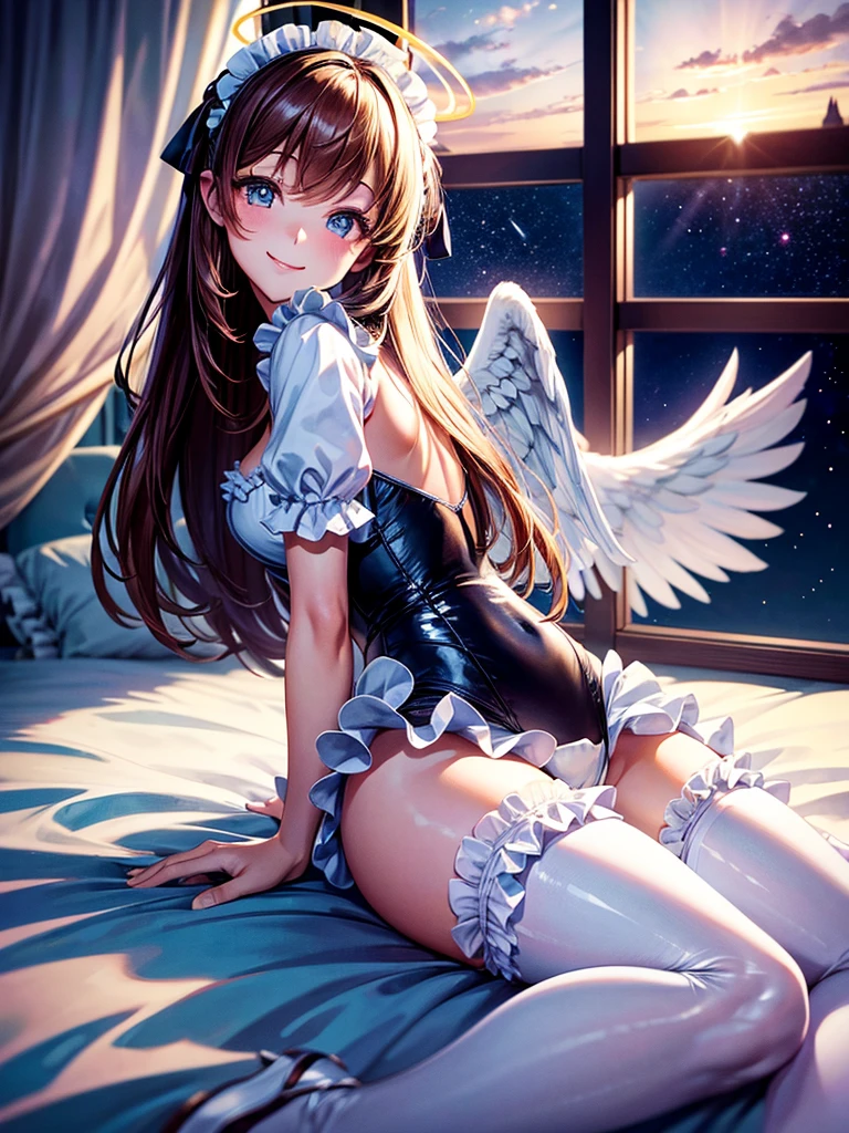 Highest Resolution,8K quality,Smiling beautiful girl in maid leotard,High leg,(((Frills))),White angel wings on your back,Halo,Bedroom,Night view outside the window,Very beautiful eyes,whole body,front,Knee-high stockings,Drink,
