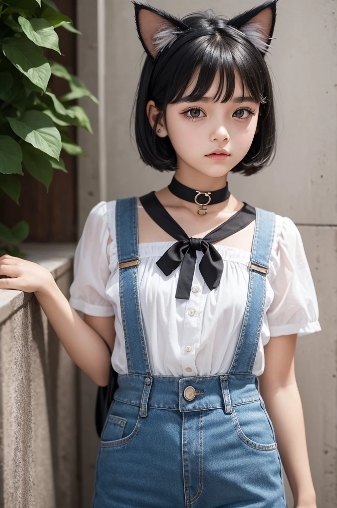 1 girl, 12 year old, short black hair, with cat ears, white blouse with denim overalls, glad, black choker 