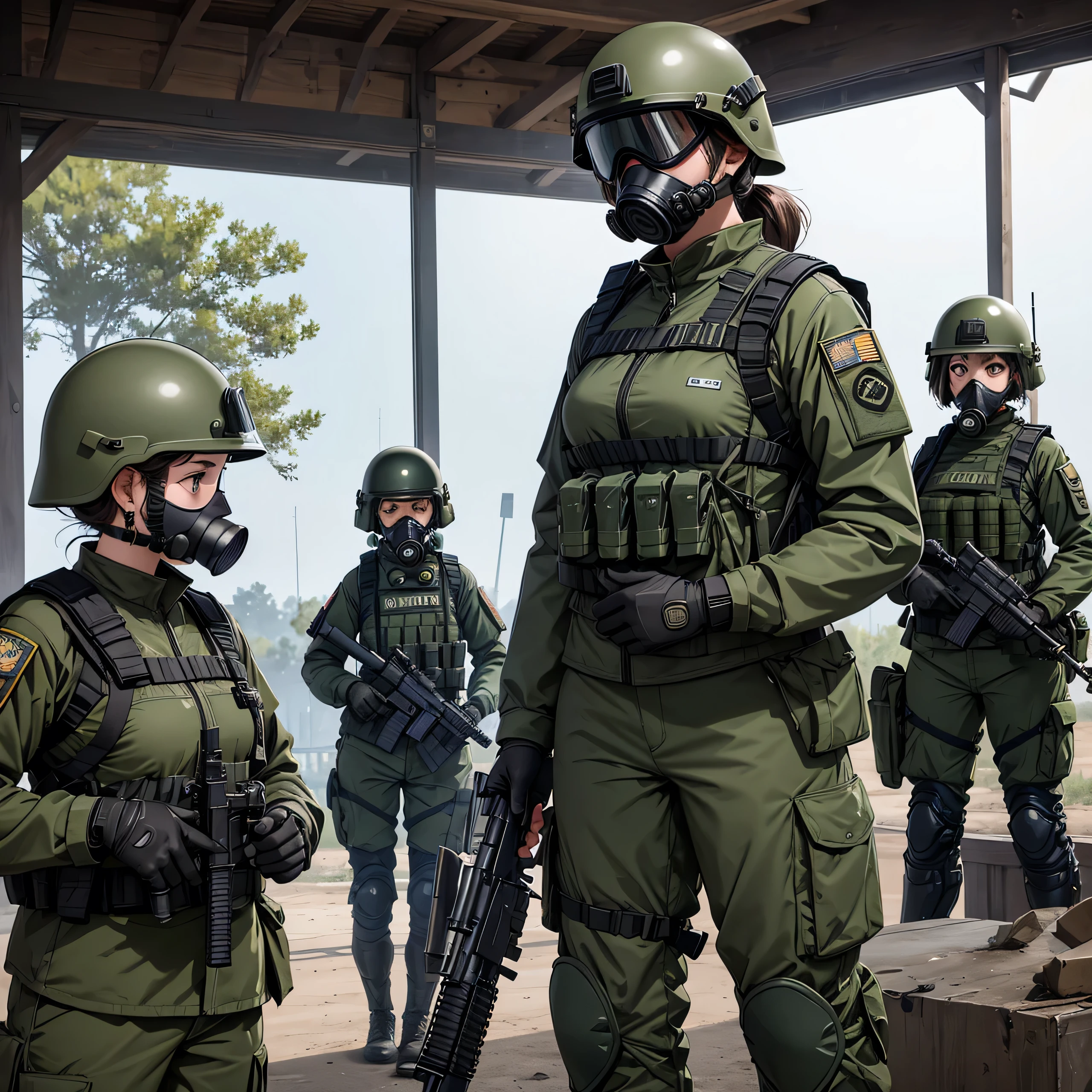 A group of female special forces soldiers wearing helmets、Standing guard in the barracks、Wearing dark green M-51 military uniform、Gas Mask、Goggles、Bulletproof vests、Knee pads、Write details、masterpiece、best quality、Highly detailed CG、8K picture quality