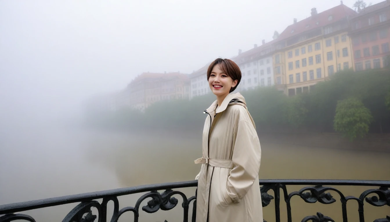 8K high quality, 1 woman, ((36 years old 건강한 한국 여성)), ((36 years old)), 1 woman, The eyes are big and beautiful. ((slim)), ((short medium hair)), laugh. pose: standing, High-end luxury windbreaker jacket, background: Your residence is a baroque townhouse with a plaster façade and wrought iron railings.... Overlooking the Heidelberg River, Germany, Morning fog,, looking slightly upward, 1 woman, Full body shot with Canon 16-34 wide angle lens, View: river view, look sideways, There is a thick fog in the river.