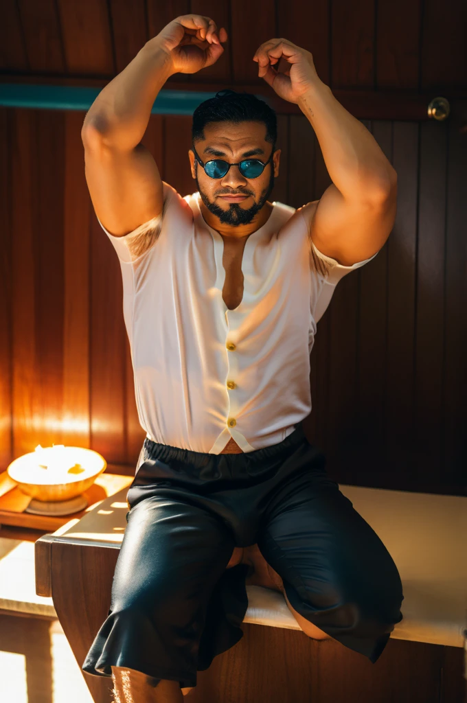 Realistic style，亚洲男人戴sunglasses躺在Sauna中，lie on the floor，Sauna，water vapor，40 years old Asian man，Asian middle-aged male，sunglasses，Looking at the camera，Legs raised，Place your hands on your chest，Long beard，white facial hair，White long hair，Floral shirt，A kind expression，Friendly attitude，A polite greeting，Wrinkles，Brown skin，Oily skin，Big nipples，Thick Chest Hair，Thin body，Thin，Mermaid Line，Grey swimming trunks，(There is a giant oyster sauce mushroom in my pants)，(Geoduck crotch silhouette)，Leg hair，thick body fur，Black body hair，Leg hair，sandals，toe，full-body shot，Real person photos，Anatomically correct limbs，full-body shot，Delicate skin texture，浓密water vapor，Dark atmosphere，Soft Light，Low contrast images，Highest quality，4k quality，