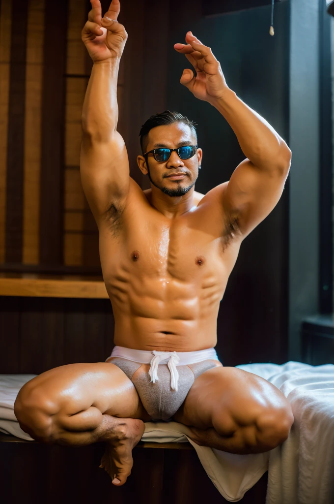 Realistic style，亚洲男人戴sunglasses躺在Sauna中，lie on the floor，Sauna，water vapor，40 years old Asian man，Asian middle-aged male，sunglasses，Looking at the camera，Legs raised，Place your hands on your chest，Long beard，white facial hair，White long hair，Floral shirt，A kind expression，Friendly attitude，A polite greeting，Wrinkles，Brown skin，Oily skin，Big nipples，Thick Chest Hair，Thin body，Thin，Mermaid Line，Grey swimming trunks，(There is a giant oyster sauce mushroom in my pants)，(Geoduck crotch silhouette)，Leg hair，thick body fur，Black body hair，Leg hair，sandals，toe，full-body shot，Real person photos，Anatomically correct limbs，full-body shot，Delicate skin texture，浓密water vapor，Dark atmosphere，Soft Light，Low contrast images，Highest quality，4k quality，