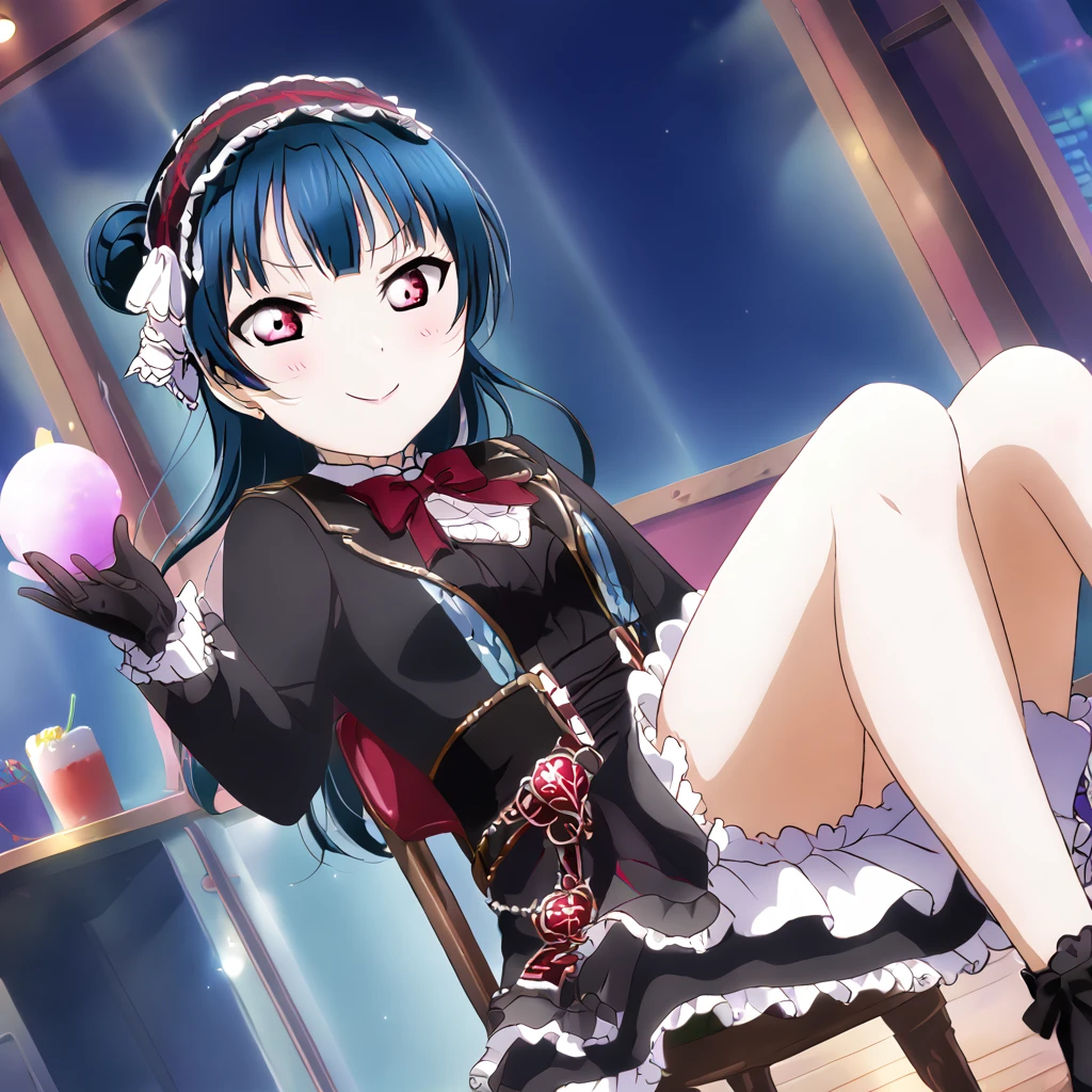 Yoshiko Tsushima、Blue Hair、Red eyes、Gothic Lolita、smug face、sit cross-legged on a chair、Wink、magic、night、dark、Bun right