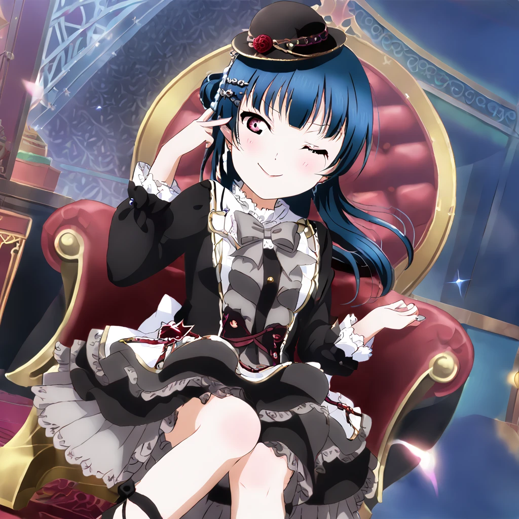 Yoshiko Tsushima、Blue Hair、Red eyes、Gothic Lolita、smug face、sit cross-legged on a chair、Wink、magic、night、dark、Bun right