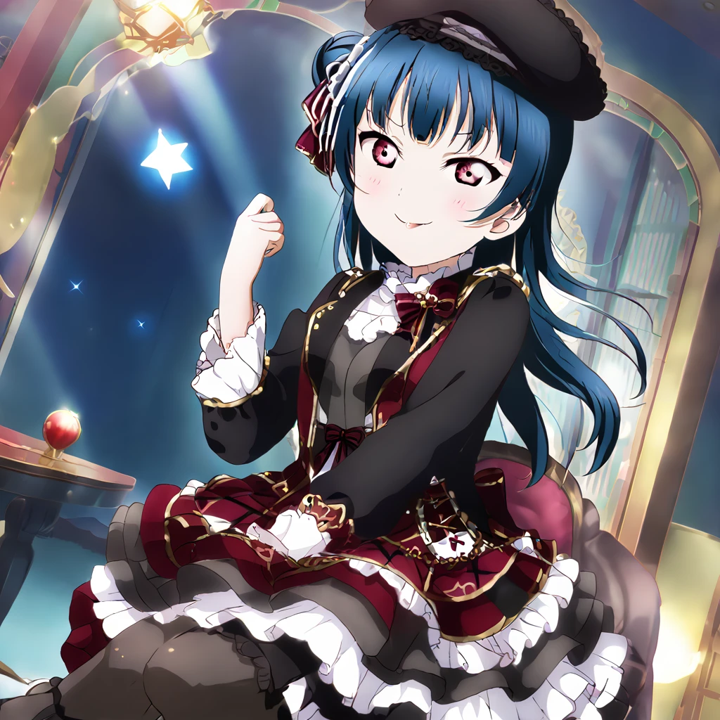 Yoshiko Tsushima、Blue Hair、Red eyes、Gothic Lolita、smug face、sit cross-legged on a chair、Wink、magic、night、dark、Bun right