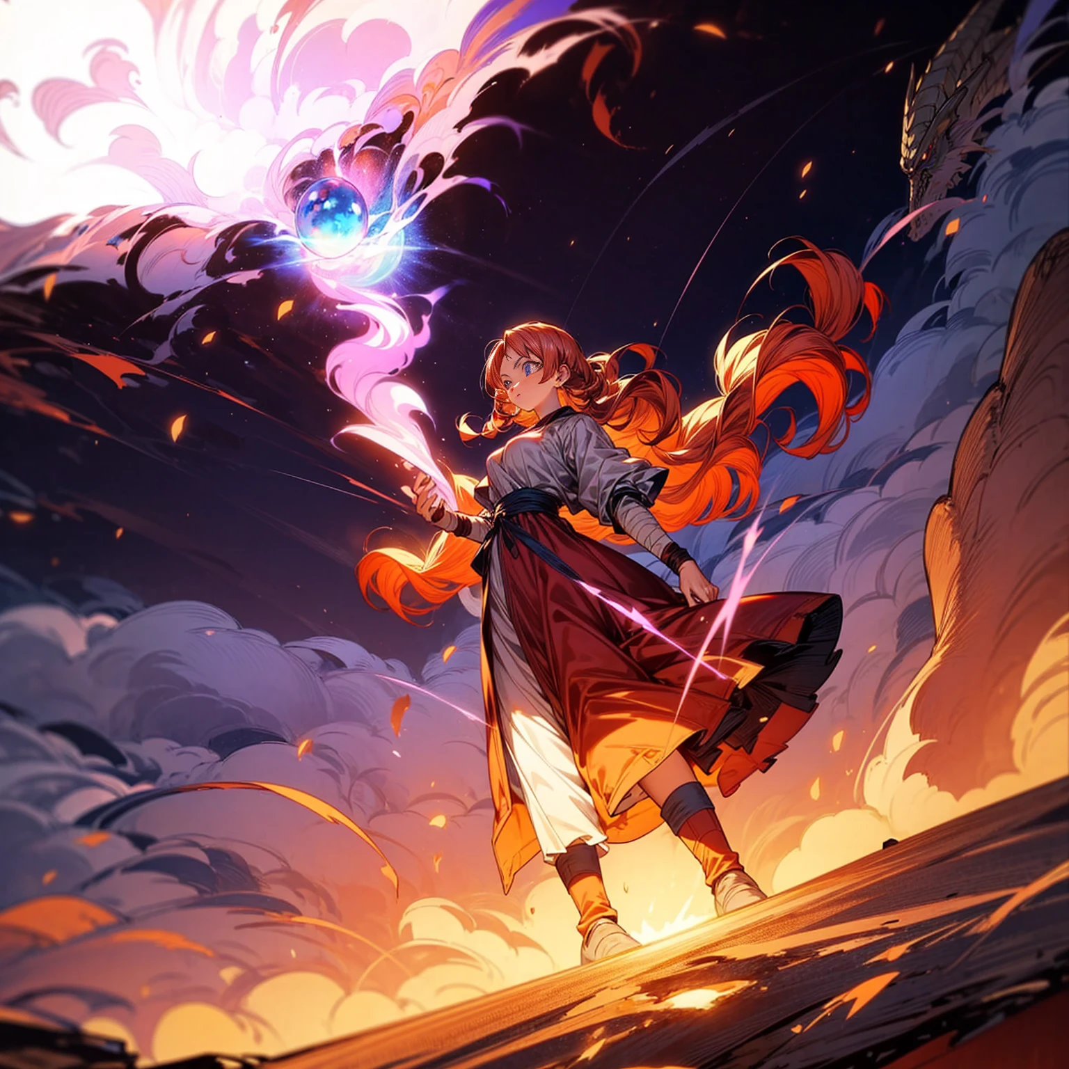 1woman, 1character, woman version, blue eyes, long Curly haircut, pink colour hair, Ancient Roman clothing, red colour clothing, long dress, boots, Bandage on hand, Grassroots, background in field town, motion blur, fire burned in hand, big eyes, ((dragon ball art)), (high angle view), smoke effect, aura effect, blue lighting, (the largest blue fireball), Moonlight, moon, blue fireball light silhouette, blue fire, lightning flash, plasma effect 