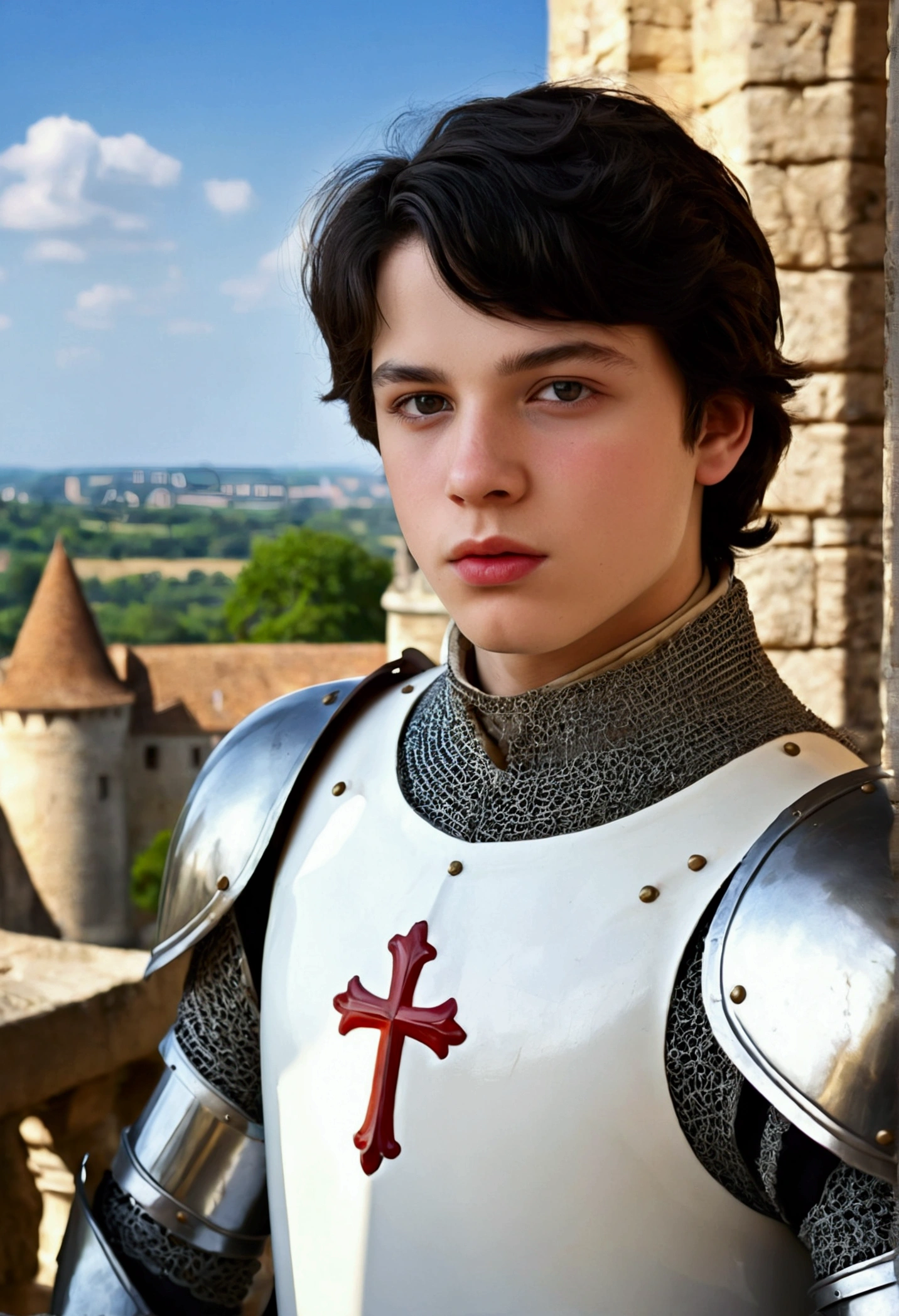 Medieval France,(18 year old knight:White surcoat and cross armor:1.5,Open-chested) ,Fantasy World,Realistic digital painting, Historical portraits, Iconic art,Castle,balcony,blue sky, An exciting atmosphere,(highest quality, masterpiece:1.3), shape, ((Beautifully detailed face)), beautifully detailed skin, Intricate details, Very detailed, Best image quality in 8K, (Small breasts), ,Baby Face,(Detailed Hair,Bobcut:2.0,Black Hair),Detailed lips,Open your mouth,blush,Embarrassing,Realistic Face,Realistic Skin,(Vibrant Skin,Moisturized Skin:1.2),Vivid lips,Lip gloss,A seductive look