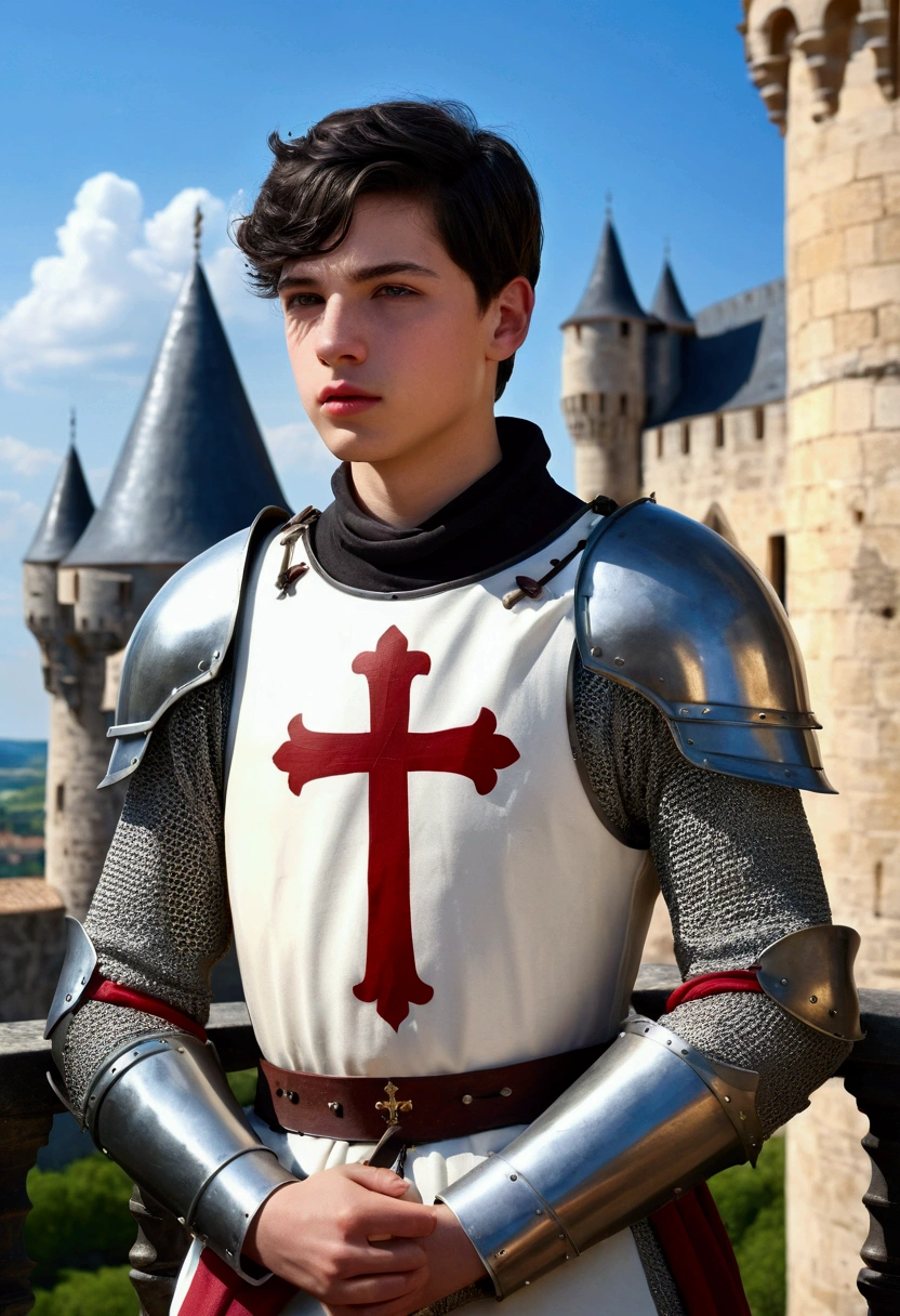 Medieval France,(18 year old knight:White surcoat and cross armor:1.5,Open-chested) ,Fantasy World,Realistic digital painting, Historical portraits, Iconic art,Castle,balcony,blue sky, An exciting atmosphere,(highest quality, masterpiece:1.3), shape, ((Beautifully detailed face)), beautifully detailed skin, Intricate details, Very detailed, Best image quality in 8K, (Small breasts), ,Baby Face,(Detailed Hair,Bobcut:2.0,Black Hair),Detailed lips,Open your mouth,blush,Embarrassing,Realistic Face,Realistic Skin,(Vibrant Skin,Moisturized Skin:1.2),Vivid lips,Lip gloss,A seductive look