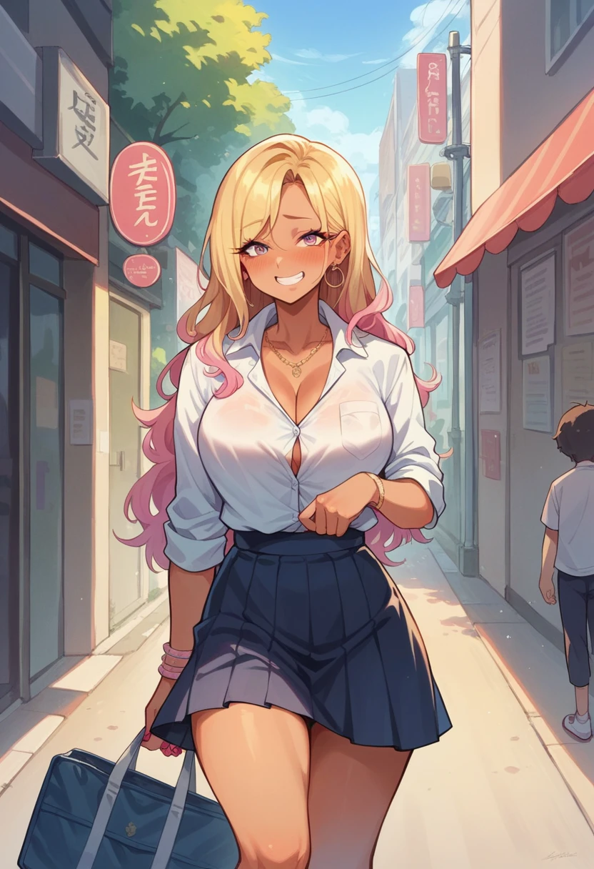 2人の女の子,((jk,))japanese,nsfw, gyaru,long hair.glamorous, voluptuous, shy, stand,street,lift skirt,show panty,smiling