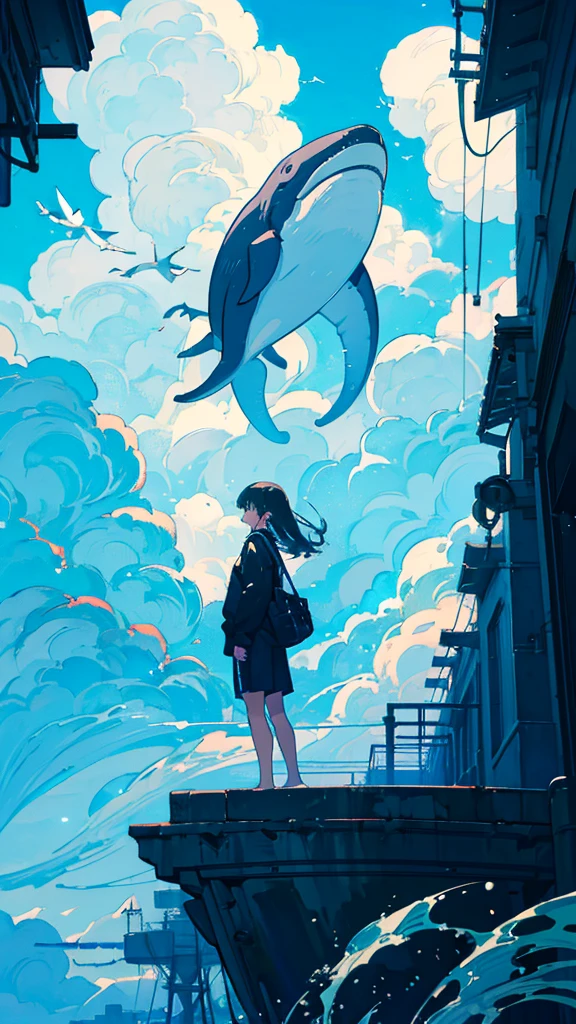 masterpiece, Exquisite detail,Highest quality, One girl, alone, handrail, cloud, Looking up at the buildings,Long Hair, NULL, Long sleeve, Power lines, White footwear, Black Hair, View your viewers, Electric pole, bangs, cloudy NULL, fish, bird, Green Eyes, Shorts, Day, Black Shirt, barefoot,Whale flying in the sky,Giant whale,night,Star,milky way,night,Pitch black,Buildings,Sitting, High quality anime art style，Standing painting，Splash ink background，Blue Themes,Clear Face,Distinct facial features,Clear eyes and nose,beautiful,