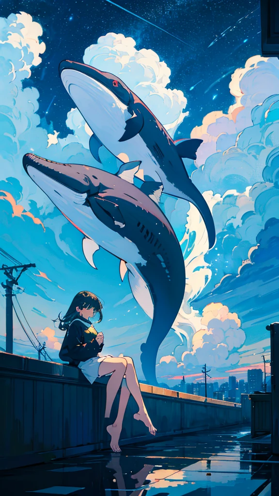 masterpiece, Exquisite detail,Highest quality, One girl, alone, handrail, cloud, Looking up at the buildings,Long Hair, NULL, Long sleeve, Power lines, White footwear, Black Hair, View your viewers, Electric pole, bangs, cloudy NULL, fish, bird, Green Eyes, Shorts, Day, Black Shirt, barefoot,Whale flying in the sky,Giant whale,night,Star,milky way,night,Pitch black,Buildings,Sitting, High quality anime art style,Standing painting,Splash ink background,Blue Themes,Clear Face,Distinct facial features,Clear eyes and nose,beautiful,