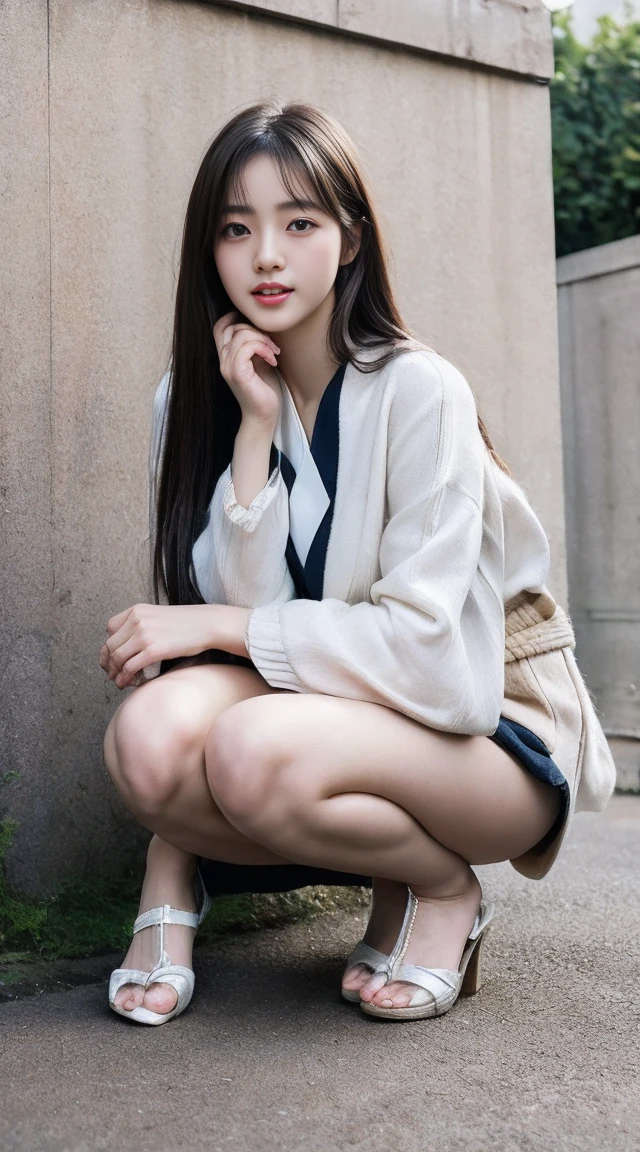 masterpiece, best quality, highres, absurdres, 1girl, solo, realistic,photoshop \(medium\),chenxiaoyun,long hair,black hair,looking at viewer,japanese uniform, loafers, bare legs, sitting,