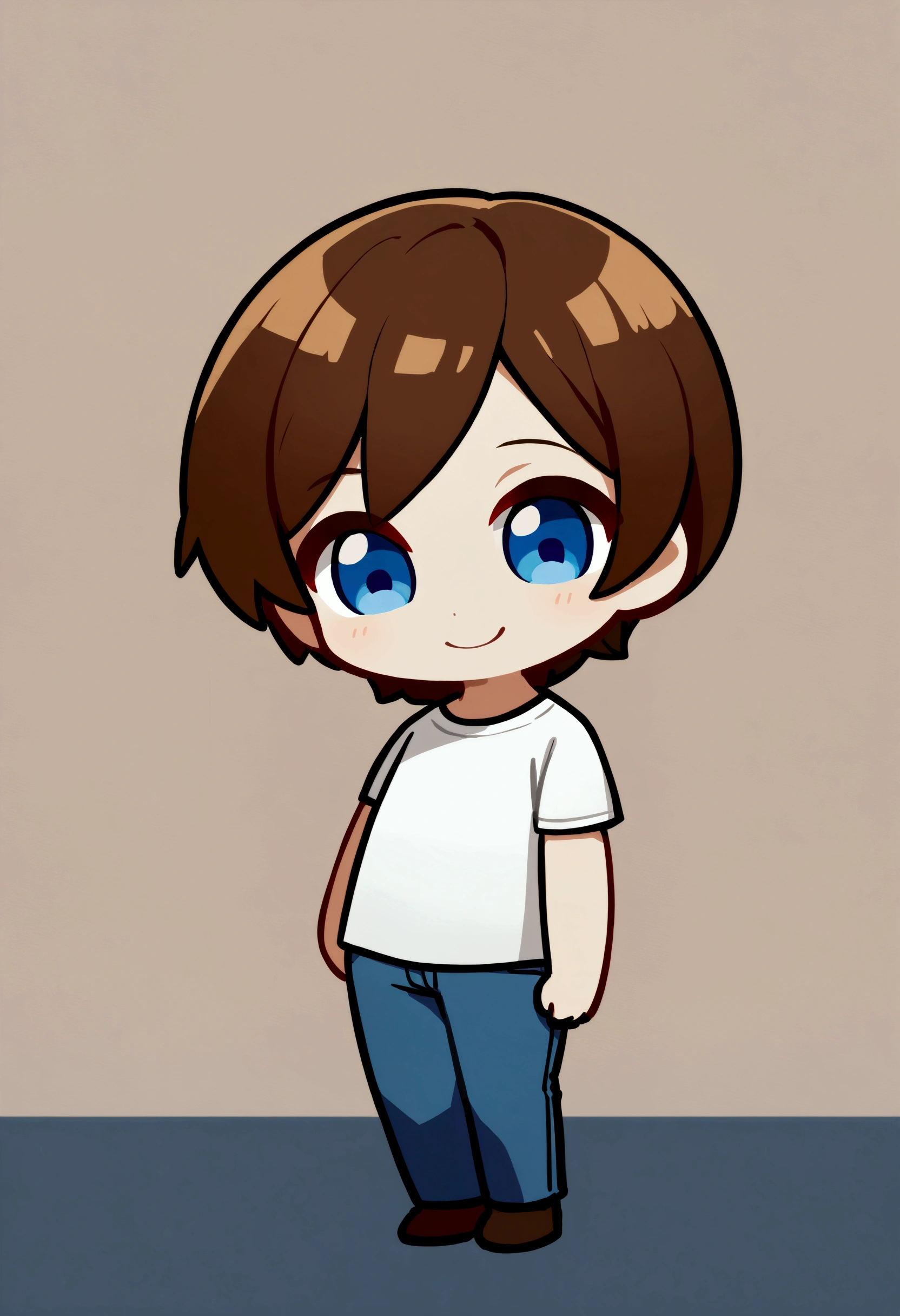 1man with short brown hair, blue eyes, tall, white t shirt, jeans, chibi style, smiling